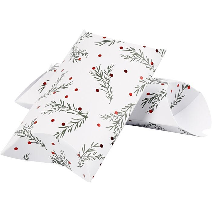 Caja en forma de almohada, Rama de abeto con bolas de Navidad, medidas 18x15x6 cm, 300 gr, verde, rojo metalizado, blanco, 3 ud/ 1 paquete
