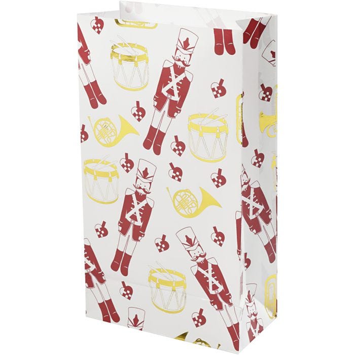 Bolsas de papel, Cascanueces, A: 21 cm, medidas 6x12 cm, dorado, rojo, blanco, 8 ud/ 1 paquete