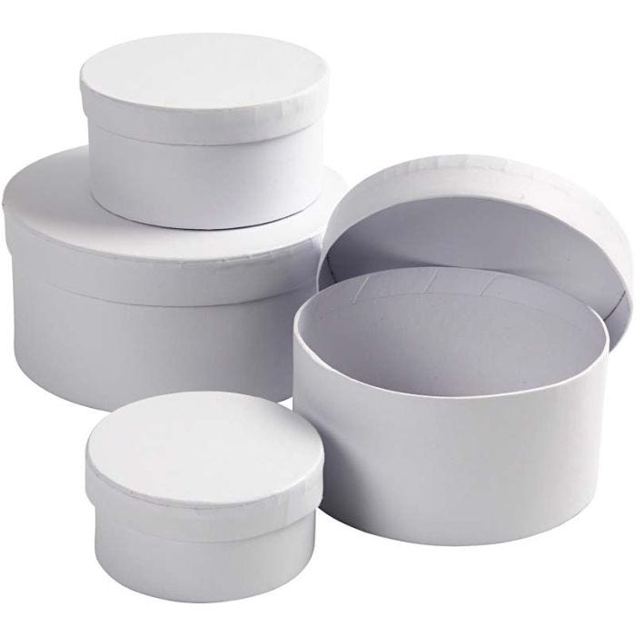 Cajas Redondas, A: 4+5+6+7 cm, dia 8+10+12+14 cm, blanco, 4 ud/ 1 set