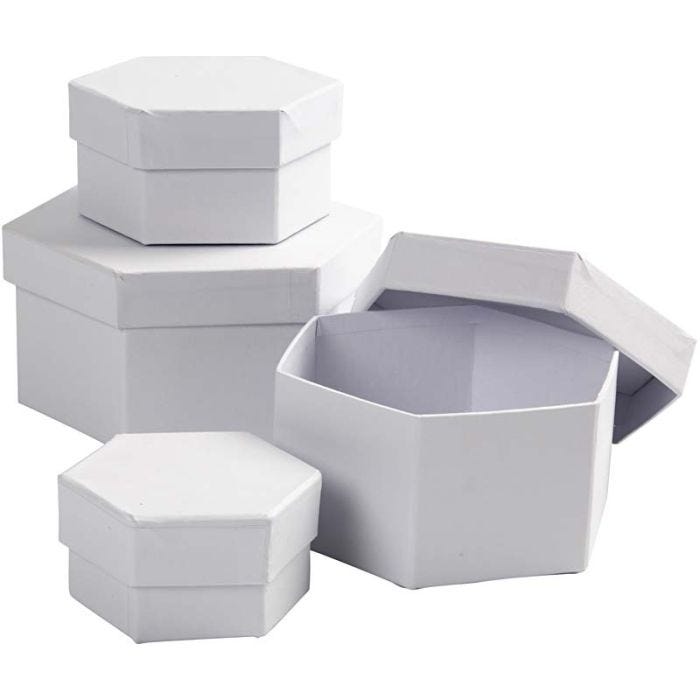 Cajas Hexagonales, A: 4+5+6+7 cm, dia 6,5+8+10+12 cm, blanco, 4 ud/ 1 set