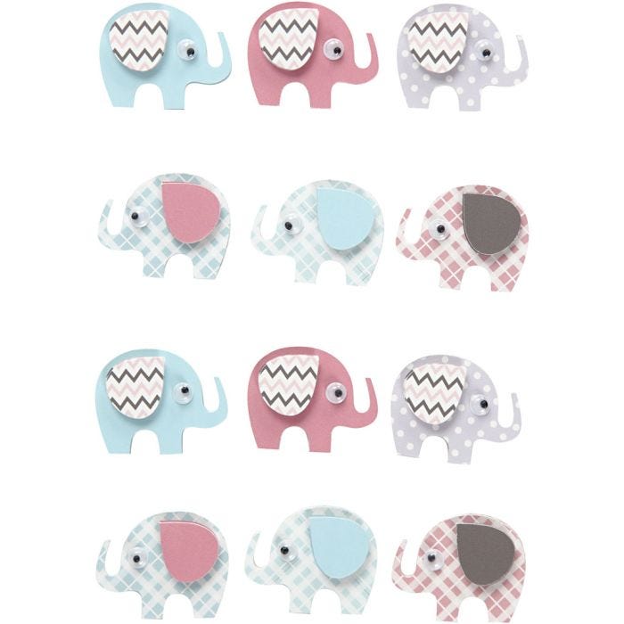 Pegatinas 3D, Elefantes, A: 25 mm, A: 31 mm, grosor 7 mm, 12 ud/ 1 paquete