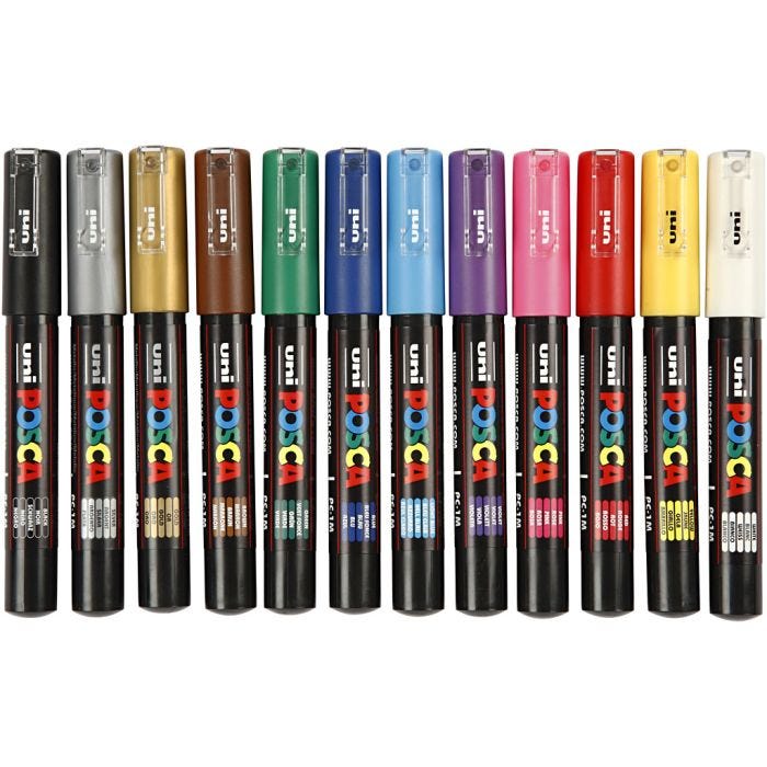 Rotulador Posca , medida PC-1M, trazo ancho 0,7 mm, extra-fino, surtido de colores, 12 ud/ 1 paquete