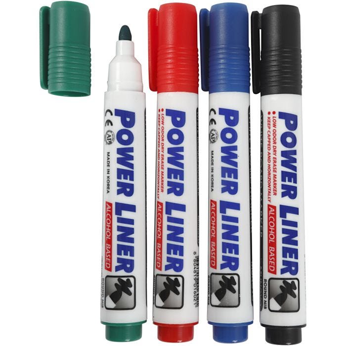 Rotuladores para pizarra, trazo ancho 4 mm, negro, azul, verde, rojo, 4 ud/ 1 paquete