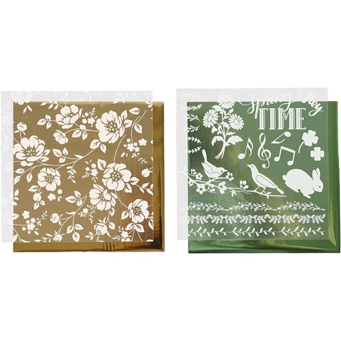 Foil con hoja de transferencia, Flores, hoja 15x15 cm, dorado, verde, 2x2 hoja/ 1 paquete