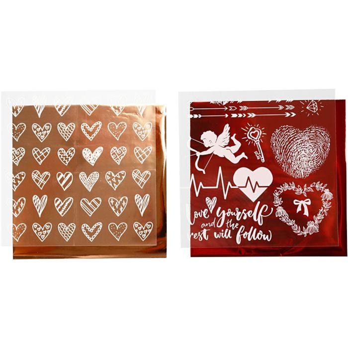 Foil con hoja de transferencia, Corazones y amor, hoja 15x15 cm, rojo, 2x2 hoja/ 1 paquete