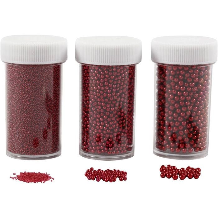 Cuentas de Vidrio Minis, medidas 0,6-0,8+1,5-2+3 mm, rojo, 3x45 gr/ 1 paquete