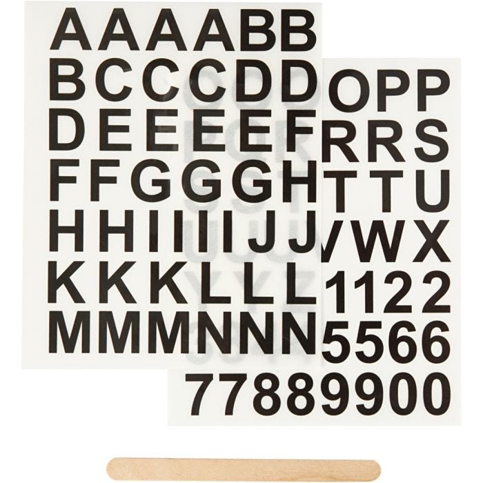Pegatinas "Rub-on", Letras y números, A: 17 mm, hoja 12,2x15,3 cm, negro, 1 paquete
