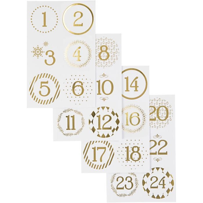 Números del calendario de Adviento, dia 40 mm, hoja 9x14 cm, dorado, blanco, 4 hoja/ 1 paquete