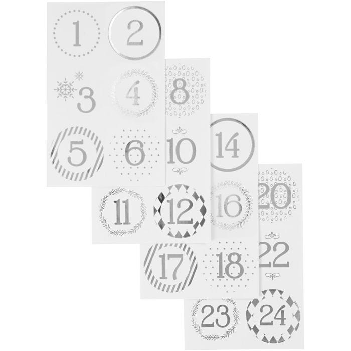 Números del calendario de Adviento, dia 40 mm, hoja 9x14 cm, plata, blanco, 4 hoja/ 1 paquete