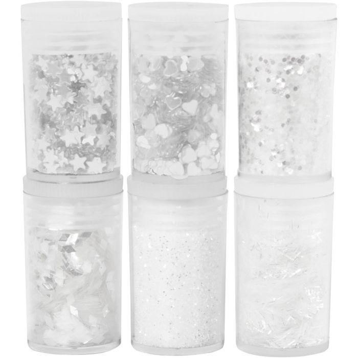 Purpurina y Lentejuelas, blanco, 6x5 gr/ 1 paquete