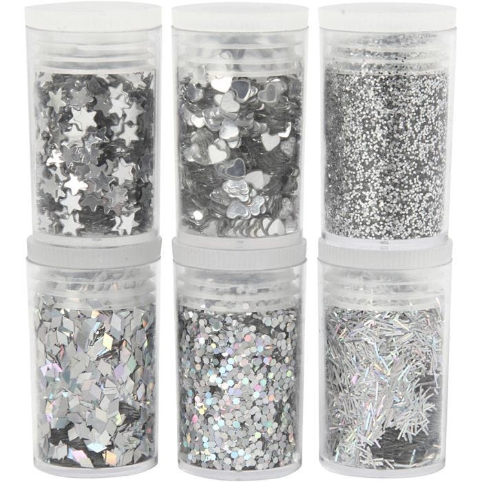 Purpurina y lentejuelas biodegradables, plata, 6x7 ml/ 1 paquete