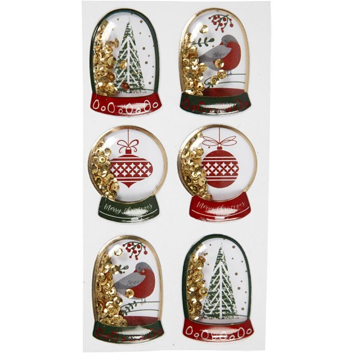 Pegatinas Shaker, Pájaro, árbol y bolas de navidad, medidas 49x32+45x36 mm, dorado, 6 ud/ 1 paquete