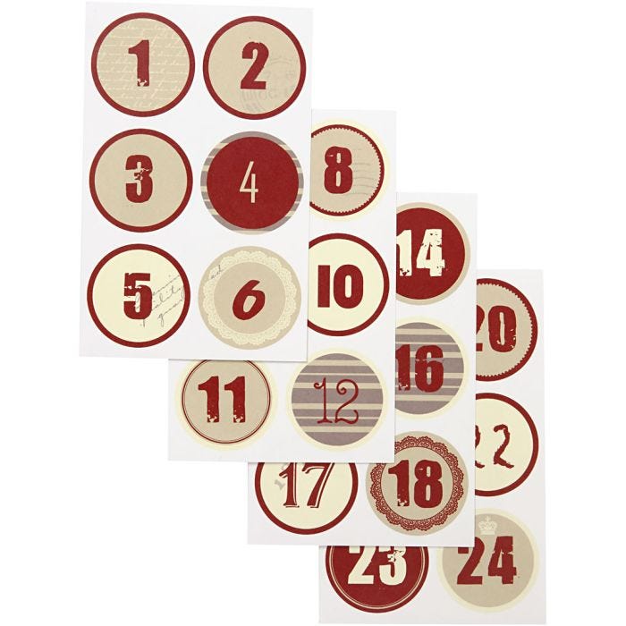 Números del calendario de Adviento, dia 4 cm, hoja 9x14 cm, 4 hojas stdas/ 1 paquete