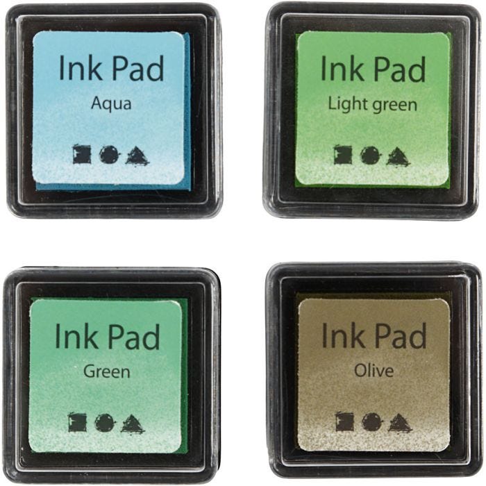 Almohadilla de tinta, A: 2 cm, medidas 3,5x3,5 cm, verde, verde claro, verde oliva, aqua, 4 ud/ 1 paquete