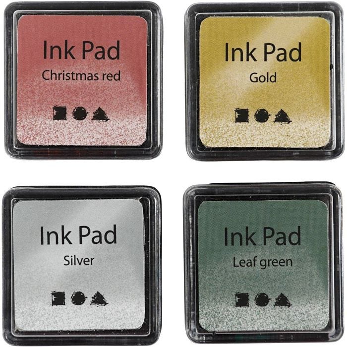 Almohadilla de tinta, A: 2 cm, medidas 3,5x3,5 cm, dorado, verde lima, rojo navideño, plata, 4 ud/ 1 paquete