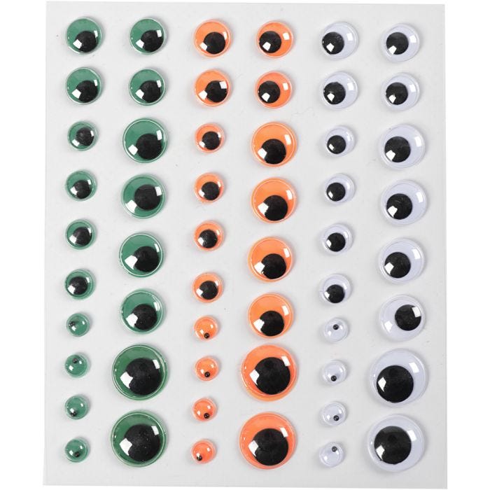 Ojos móviles, sin adhesivo, dia 6+8+10+12+15 mm, verde, naranja, blanco, 54 ud, 1 hoja