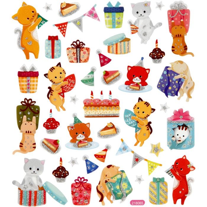 Pegatinas, gatos de cumpleaños, hoja 15x16,5 cm, 1 hoja