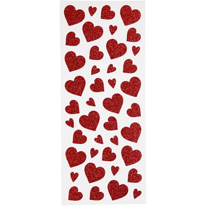Pegatinas con purpurina, corazones, hoja 10x24 cm, rojo, 2 hoja/ 1 paquete