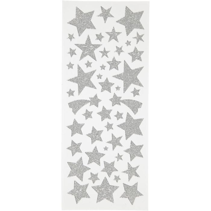Pegatinas con purpurina, estrellas, hoja 10x24 cm, plata, 2 hoja/ 1 paquete