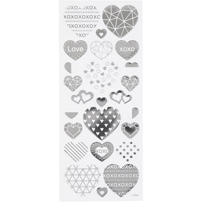 Pegatinas, Corazones, hoja 10x24 cm, plata, 1 hoja