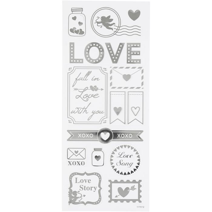 Pegatinas, "Love", hoja 10x24 cm, plata, 1 hoja