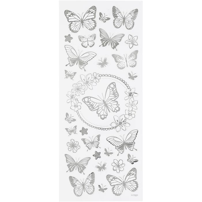 Pegatinas, Mariposas, hoja 10x24 cm, plata, 1 hoja