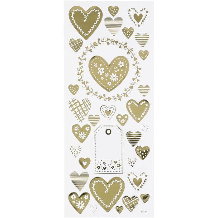 Pegatinas, Corazones, hoja 10x24 cm, dorado, 1 hoja