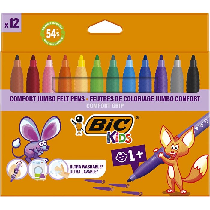 Rotuladores de fieltro jumbo para niños, trazo ancho 1-4 mm, surtido de colores, 12 ud/ 1 paquete