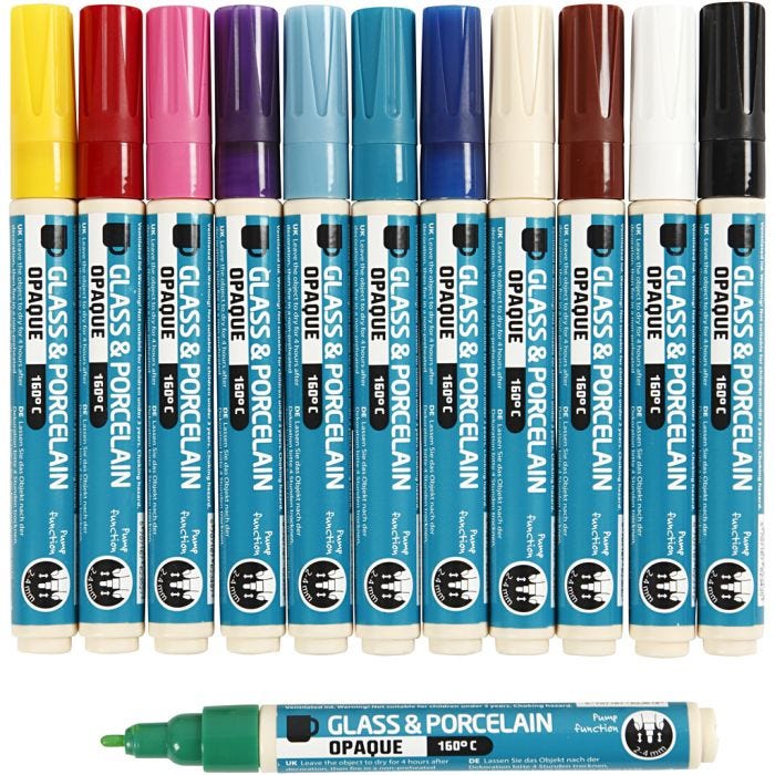 Marcador de porcelana y cristal, trazo ancho 2-4 mm, opaco, surtido de colores, 12 ud/ 1 paquete