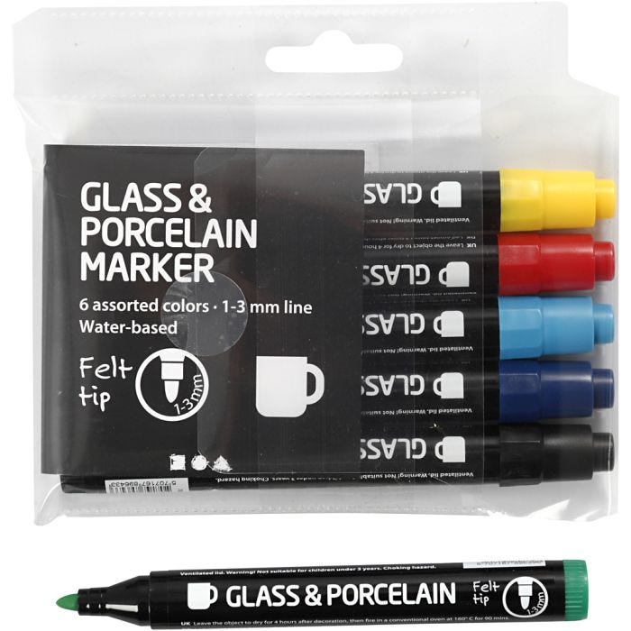 Rotuladores de Cristal y Porcelana, trazo ancho 1-3 mm, semi opaco, 6 ud/ 1 paquete