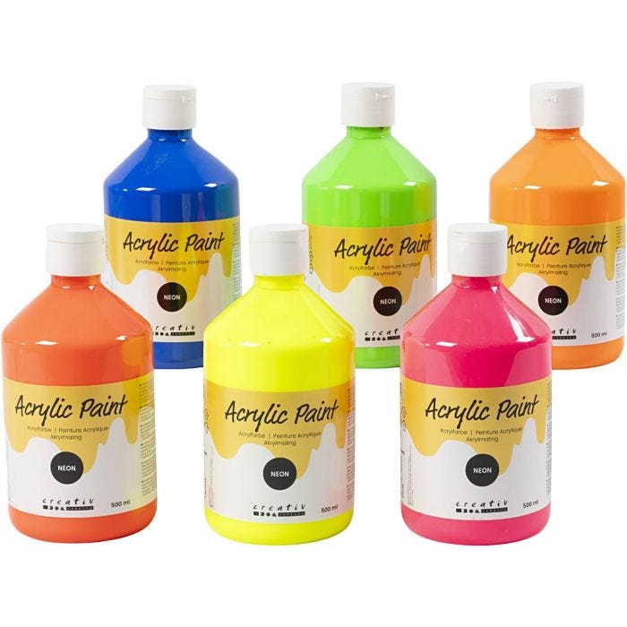 Pintura Acrílica Neón, colores neón, 6x500 ml/ 1 paquete
