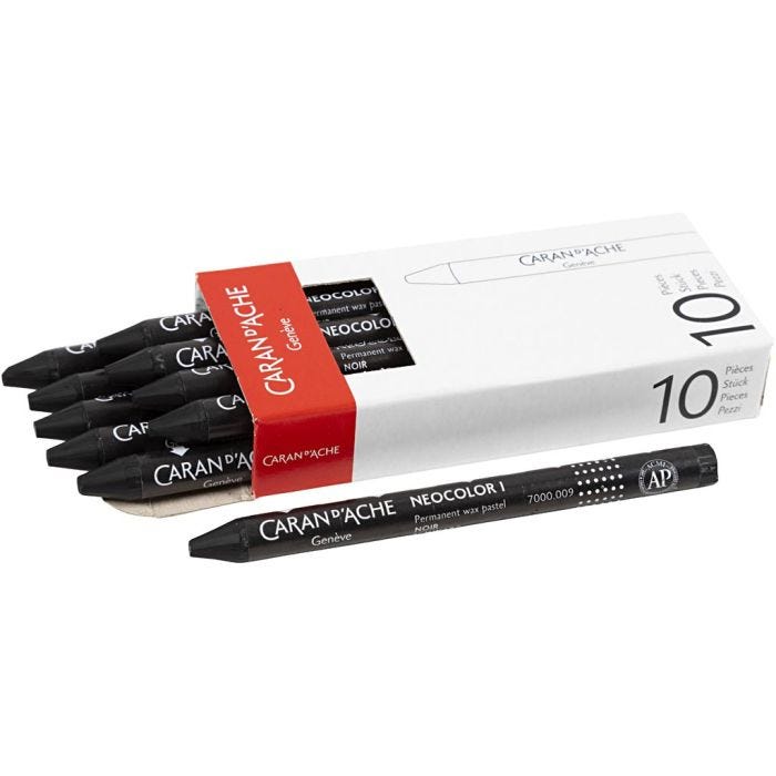CARAN D’ACHE Neocolor I, L. 10 cm, grosor 8,5 mm, black (009), 10 ud/ 1 paquete