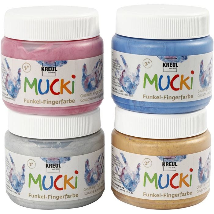 Mucki Pintura de dedo, azul metalizado, dorado metalizado, rosado metalizado, plateado metalizado, 4x150 ml/ 1 paquete