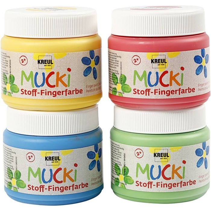 Muck Pintura de dedos, azul, verde, rojo, amarillo, 4x150 ml/ 1 paquete