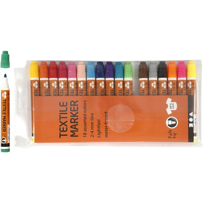 Rotuladores de Tela, trazo ancho 2-4 mm, surtido de colores, 18 ud/ 1 paquete