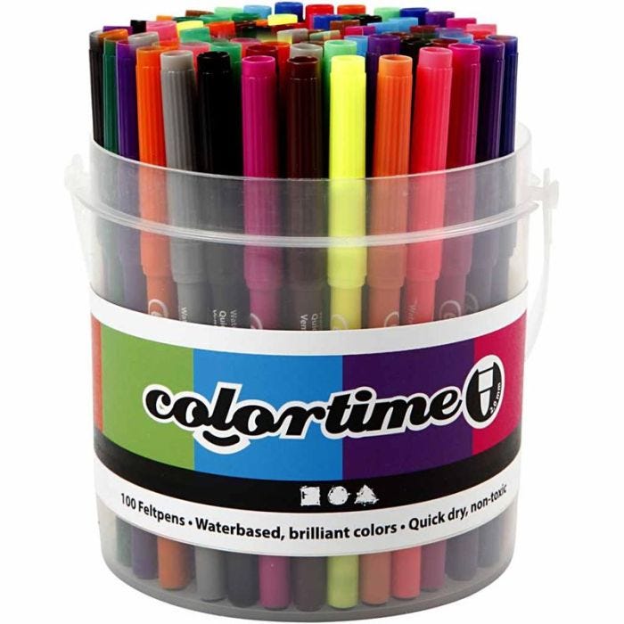 Rotuladores Colortime, trazo ancho 2 mm, surtido de colores, 100 ud/ 1 cubo