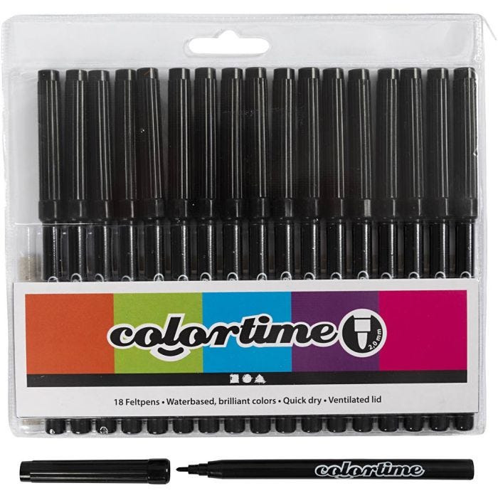 Rotuladores Colortime, trazo ancho 2 mm, negro, 18 ud/ 1 paquete