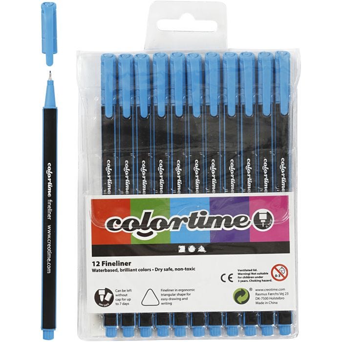 Rotuladores Colortime Fineliner, trazo ancho 0,6-0,7 mm, azul claro, 12 ud/ 1 paquete