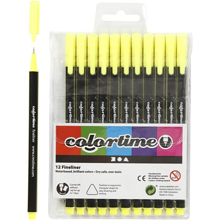 Rotuladores Colortime Fineliner, trazo ancho 0,6-0,7 mm, amarillo, 12 ud/ 1 paquete