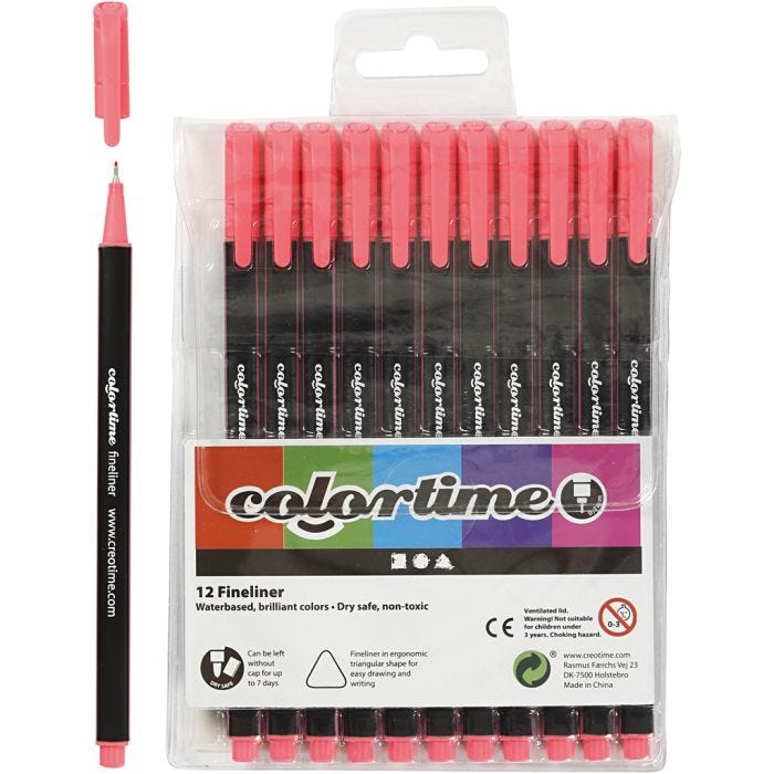 Rotuladores Colortime Fineliner, trazo ancho 0,6-0,7 mm, rosa, 12 ud/ 1 paquete