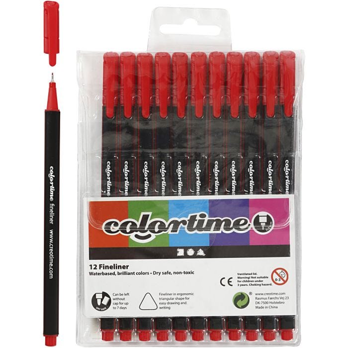 Rotuladores Colortime Fineliner, trazo ancho 0,6-0,7 mm, rojo, 12 ud/ 1 paquete