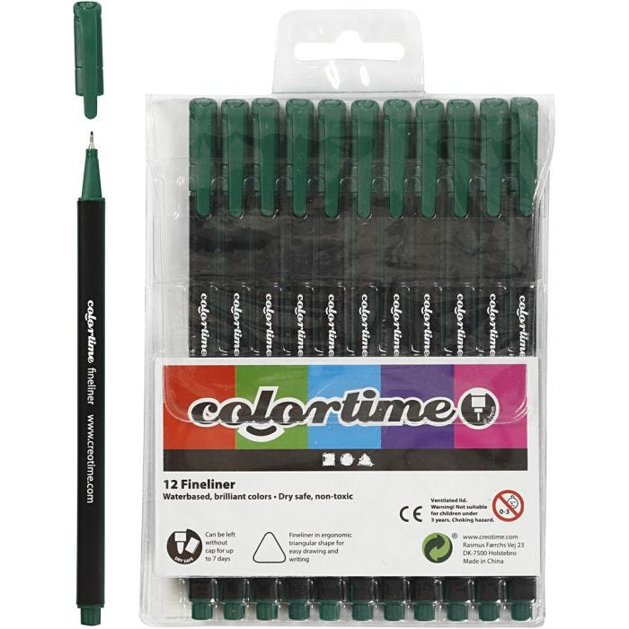 Rotuladores Colortime Fineliner, trazo ancho 0,6-0,7 mm, verde oscuro, 12 ud/ 1 paquete