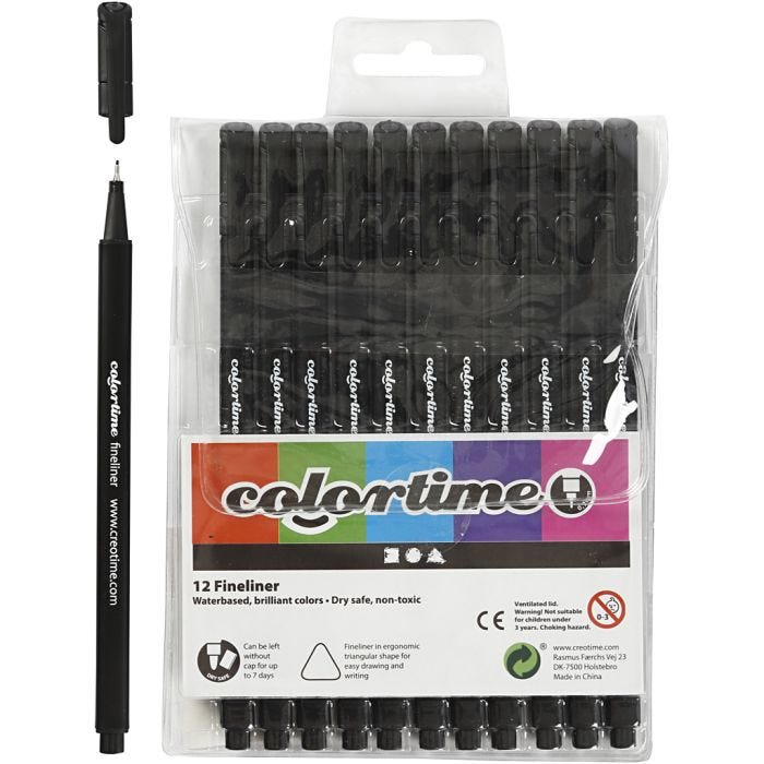 Rotuladores Colortime Fineliner, trazo ancho 0,6-0,7 mm, negro, 12 ud/ 1 paquete