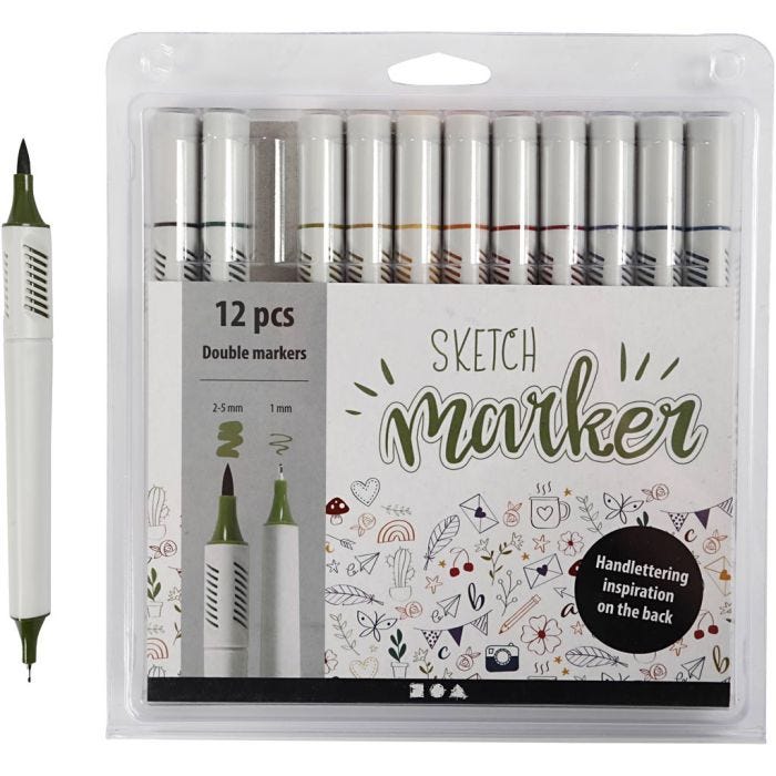 Rotuladores de dibujo, trazo ancho 1+2-5 mm, colores douché, 12 ud/ 1 paquete