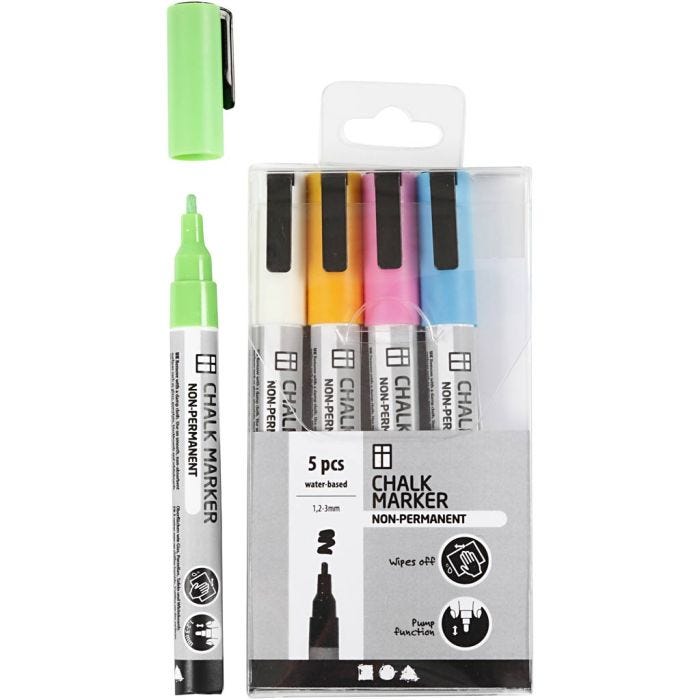 Rotuladores de tiza, trazo ancho 1,2-3 mm, colores fuertes, 5 ud/ 1 paquete