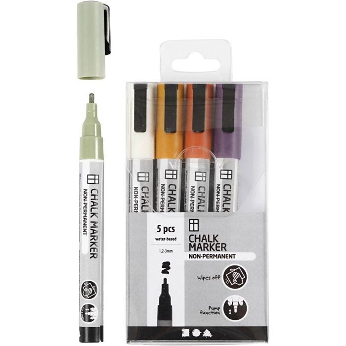 Rotuladores de tiza, trazo ancho 1,2-3 mm, colores douché, 5 ud/ 1 paquete