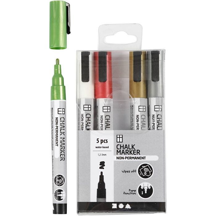 Rotuladores de tiza, trazo ancho 1,2-3 mm, colores metálicos, 5 ud/ 1 paquete