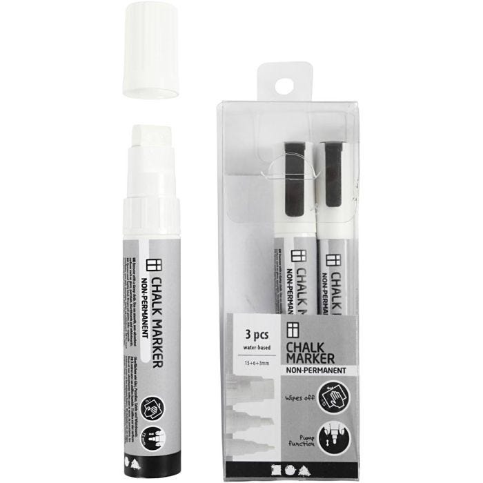 Rotuladores de tiza, trazo ancho 3+6+15 mm, blanco, 3 ud/ 1 paquete