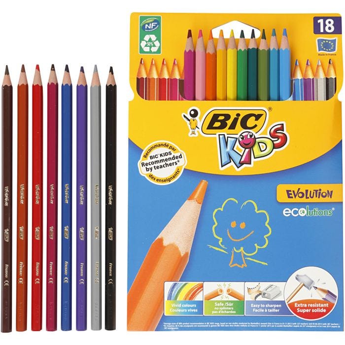 BIC Lápices de Colores Evolution, hexagonal, L. 17,5 cm, mina 3 mm, surtido de colores, 18 ud/ 1 paquete