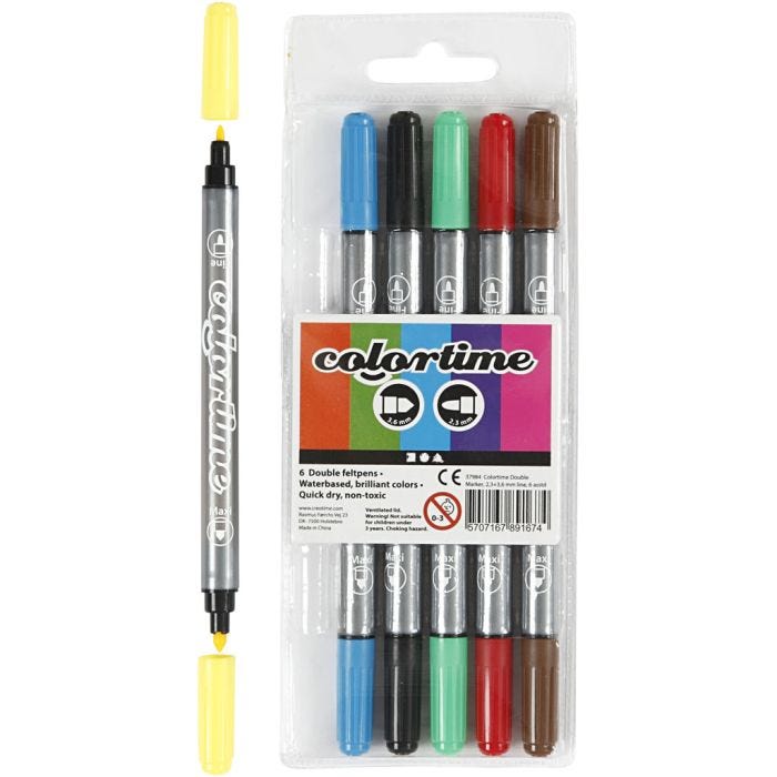 Rotuladores Dobles Colortime, trazo ancho 2,3+3,6 mm, colores estándar, 6 ud/ 1 paquete